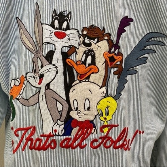 VINTAGE 90s Looney Tunes ACME Clothing Cotton Blue Pinstripe button down Medium - Picture 4 of 12